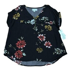 Urbanology Blouse Womens XL Black Floral Short Sleeve V Neck Zip Front New Top